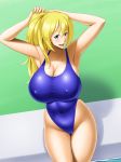  1girl atago_(kantai_collection) blonde_hair blue_eyes breasts huge_breasts kantai_collection kawanuma_uotsuri ponytail swimsuit 