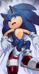  after_sex anthro bed clothing cum cum_on_body cum_on_face drooling footwear gloves green_eyes half-closed_eyes hedgehog looking_at_viewer lying male mammal on_back open_mouth saliva shoes solo sonic_(series) sonic_the_hedgehog sweat tears uzucake 