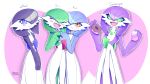  4girls alternate_color artist_name blue_eyes blue_hair blueman282 blush character_name cupcake dated donut eyes_closed female flat_chest food gardevoir gen_3_pokemon green_eyes green_hair hair_over_one_eye hand_up hands_up happy highres holding looking_at_viewer mega_stone multiple_girls necklace no_humans open_mouth orange_eyes outline pokemon pokemon_(creature) purple_background purple_hair shiny_pokemon short_hair signature simple_background smile standing two-tone_background white_outline 