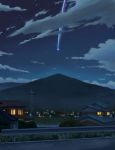  building cloud comet commentary grass highres house isbeyvan kimi_no_na_wa landscape mountain night no_humans railing scenery sky star_(sky) starry_sky water 