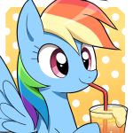  2017 beverage blue_feathers bust_portrait cider cup cute dotted_background drinking equine eyelashes feathered_wings feathers female feral food friendship_is_magic hair holding_food holding_object hooves mammal multicolored_hair my_little_pony nude orange_background pattern_background pegasus portrait purple_eyes rainbow_dash_(mlp) rainbow_hair ryuu_chan simple_background smile solo straw wings 