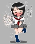  1girl afterimage between_legs black_hair blue_legwear blush eyebrows_visible_through_hair fangs female flying_sweatdrops full_body grey_sailor_collar grey_skirt hand_between_legs have_to_pee highres japanese_text kameyamannendou kneehighs knees_together_feet_apart leg_up motion_lines neckerchief nose_blush open_mouth original outstretched_arm pleated_skirt red_neckwear sailor_collar school_uniform serafuku shiny shiny_hair shirt short_hair short_sleeves skirt solo standing standing_on_one_leg sweatdrop tears text_focus translation_request uniform white_shirt 