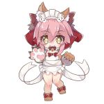  animal_ear_fluff animal_ears apron bangs bell blush bow brown_eyes cer_(cerber) chibi closed_mouth eyebrows_visible_through_hair fangs fangs_out fate/grand_order fate_(series) fox_ears frilled_apron frills full_body gloves hair_between_eyes hair_bow hands_up jingle_bell lowres maid_apron maid_headdress paw_gloves paw_shoes paws pink_hair red_bow shoes simple_background smile solo standing standing_on_one_leg tamamo_(fate)_(all) tamamo_cat_(fate) white_apron white_background 