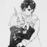  1boy 1girl cloak coat couple darling_in_the_franxx eyebrows_visible_through_hair eyes_closed fur_trim greyscale hand_on_another&#039;s_chest hetero hiro_(darling_in_the_franxx) hooded_cloak horns hug long_hair looking_at_viewer monochrome mylyn97 oni_horns parka short_hair winter_clothes winter_coat younger zero_two_(darling_in_the_franxx) 