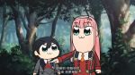  1girl :3 bkub_(style) black_hair blue_eyes chinese chinese_commentary commentary darling_in_the_franxx day ei_ei_okotta? eye_contact eyebrows_visible_through_hair eyeshadow forest grey_jacket hairband highres hiro_(darling_in_the_franxx) jacket long_hair long_sleeves looking_at_another makeup murasaki_saki nature outdoors pink_hair pipimi poptepipic popuko red_jacket season_connection translation_request tree zero_two_(darling_in_the_franxx) 