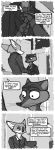  2018 absurd_res anthro canine clothing comic dialogue disney duke_weaselton english_text fox fur greyscale hi_res luraiokun male mammal monochrome mustelid necktie nick_wilde speech_bubble suit text weasel zootopia 