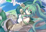  bare_shoulders breasts cleavage commentary_request duel_monster fingerless_gloves gloves green_eyes green_hair hair_ornament highres jacket jewelry long_hair looking_at_viewer medium_breasts nanashino_(nanasino101) ponytail smile staff winda_priestess_of_gusto yuu-gi-ou 