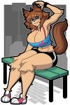  anthro bench big_breasts blue_eyes breasts brown_fur brown_hair canine cleavage clothed clothing female fur hair huge_breasts hypnofood japanese_kobold mammal midriff monster_musume outside polt_(monster_musume) raised_arm shirt shorts sitting smile sneakers solo spaghetti_strap tank_top tight_clothing 