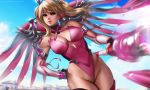  cameltoe cleavage dandon_fuga mecha_musume mercy_(overwatch) overwatch weapon wings 
