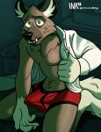  aggressive_retsuko anthro bulge clothing erection erection_under_clothes haida hyena lock-wolf male mammal 
