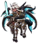  armor belt brown_gloves centauroid chibi dark_skin gloves granblue_fantasy highres holding holding_sword holding_weapon long_hair looking_at_viewer monsterification red_eyes shield silver_hair solo standing sword takoyakin weapon zooey_(granblue_fantasy) 