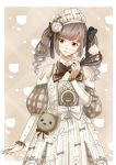  absurdres black_bow bow brown_bow brown_eyes brown_hair cream detached_sleeves gugu_(mirukai) hair_bow hand_up hat highres miracle_nikki open_mouth puffy_sleeves sideways_glance simple_background skirt standing stuffed_animal stuffed_toy teddy_bear twintails whisk white_bow white_hat white_skirt 