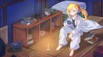  anzu_(hinamatsuri) barefoot blonde_hair book bowl candle chopsticks food futon hair_ribbon highres hinamatsuri_(manga) indoors instant_ramen long_hair memekun ponytail pot red_ribbon ribbon shirt side_ponytail sitting solo white_coat yellow_eyes 