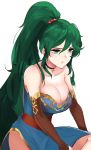  alternate_costume bare_shoulders blue_dress blush breasts choker cleavage commentary cross cross_necklace dress elbow_gloves english_commentary fire_emblem fire_emblem:_rekka_no_ken fire_emblem_heroes gloves gold_trim green_eyes green_hair high_ponytail highres jewelry large_breasts long_hair looking_down lyndis_(fire_emblem) necklace ormille ponytail side_slit simple_background sleeveless sleeveless_dress strapless thighs very_long_hair white_background 