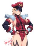  2018 abs areola_slip areolae blonde_hair blue_eyes blush braid breasts cammy_white closed_mouth cosplay cowboy_shot dated eyelashes fingerless_gloves gloves hands_on_hips hat highres hori_shin large_breasts leotard long_hair muscle muscular_female no_bra pauldrons peaked_cap red_gloves red_hat red_leotard sideboob simple_background skull smile solo standing street_fighter thighs turtleneck twin_braids vega vega_(cosplay) white_background 