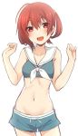  :d bangs bare_arms bare_shoulders blue_shorts blush breasts collarbone commentary copyright_request cowboy_shot crop_top drawing english_commentary eyebrows_visible_through_hair hair_between_eyes hands_up nagami_yuu navel one_side_up open_mouth red_eyes red_hair sailor_collar short_shorts shorts simple_background small_breasts smile solo white_background white_sailor_collar 