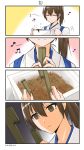  4koma ^_^ batabata0015 beamed_eighth_notes brown_eyes brown_hair chopsticks closed_eyes comic commentary_request eighth_note empty_eyes failure hair_between_eyes highres japanese_clothes kaga_(kantai_collection) kantai_collection music musical_note side_ponytail silent_comic singing smile tasuki translated truth 