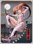  2018 antennae architecture asuka_(hengen_sennin_asuka) boots border breasts center_opening cloud collarbone dated east_asian_architecture elbow_gloves eyebrows_visible_through_hair fingerless_gloves full_body full_moon gloves heart hengen_sennin_asuka highres leg_up leotard looking_at_viewer magical_girl medium_breasts moon navel orange_hair outdoors purple_eyes sky solo tamanegiinyo thigh_boots thighhighs twintails white_legwear white_leotard 
