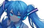  aqua_eyes aqua_hair bare_shoulders blue_eyes blue_hair blush closed_mouth detached_sleeves from_above hatsune_miku headphones headset long_hair looking_at_viewer necktie ryota_(ry_o_ta) sleeveless solo twintails vocaloid 