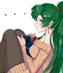  1girl absurdres alternate_costume black_legwear casual contemporary earrings fire_emblem fire_emblem:_rekka_no_ken green_eyes green_hair highres jewelry long_hair looking_at_viewer looking_to_the_side lyndis_(fire_emblem) off-shoulder_sweater ormille pantyhose ponytail signature sketch solo sweater 