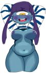  1_eye belly blue_skin blush bottomless braces breasts chi-iz clothed clothing cyclops female front_view hair half-closed_eyes hands_behind_head humanoid monster_girl_(genre) navel nervous nipples not_furry open_mouth open_smile partially_clothed pink_tongue portrait purple_hair purple_nipples shirt_up simple_background slightly_chubby smile solo sweat sweatdrop thick_thighs three-quarter_portrait tongue white_background wide_hips yellow_eyes 