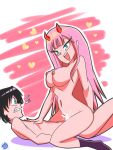  1boy 1girl ajsdoodles bangs black_hair black_legwear blue_eyes breasts collarbone couple cum darling_in_the_franxx eyebrows_visible_through_hair fringe girl_on_top green_eyes hand_on_another&#039;s_chest hetero hiro_(darling_in_the_franxx) horns large_breasts long_hair lying nude on_back oni_horns pink_hair red_horns sex short_hair signature sitting sitting_on_person thighhighs thighs upright_straddle vaginal zero_two_(darling_in_the_franxx) 