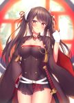 arm_up azur_lane bangs bell belt belt_buckle black_dress black_hair blurry blurry_background blush breasts brown_hair buckle cleavage cleavage_cutout clenched_hand closed_mouth collarbone commentary covered_navel cowboy_shot day dress eyebrows eyebrows_visible_through_hair gloves hair_between_eyes hair_ornament hair_ribbon hand_on_hip hand_up haruna_(azur_lane) head_tilt horns indoors jingle_bell katana long_hair long_sleeves looking_at_viewer loose_belt magatama medium_breasts mitsudomoe_(shape) mutsuba_fumi red_eyes red_ribbon ribbon sheath sheathed shiny shiny_skin short_dress sidelocks solo standing sunlight swept_bangs sword tassel thighhighs thighs tomoe_(symbol) twintails weapon white_belt white_gloves wide_sleeves window 