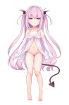  babydoll bangs bare_legs bare_shoulders barefoot black_wings blush breasts closed_mouth collarbone commentary_request demon_girl demon_tail demon_wings elbow_gloves eyebrows_visible_through_hair full_body gloves hair_between_eyes highres kedama_milk long_hair looking_at_viewer navel original panties purple_eyes purple_hair side-tie_panties simple_background small_breasts smile solo standing succubus tail tiptoes two_side_up underwear underwear_only very_long_hair white_babydoll white_background white_gloves white_panties winged_hair_ornament wings 