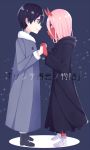  1girl bandaged_feet bandages black_cloak black_hair blue_eyes boots cloak coat commentary couple darling_in_the_franxx face-to-face facing_another fingernails fur_boots fur_trim green_eyes grey_coat hetero hiro_(darling_in_the_franxx) holding_hands hood hooded_cloak horns long_hair looking_at_another nakodayo09 oni_horns parka pink_hair red_horns red_pupils red_sclera red_skin spoilers winter_clothes winter_coat younger zero_two_(darling_in_the_franxx) 