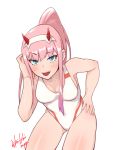  2018 :d aqua_eyes bangs bare_arms bare_shoulders breasts cleavage collarbone darling_in_the_franxx eyebrows_visible_through_hair eyelashes fangs hair_up hairband high_ponytail highres hori_shin legs_apart looking_at_viewer medium_breasts one-piece_swimsuit oni_horns open_mouth pink_hair ponytail raised_eyebrow sidelocks signature simple_background smile solo standing straight_hair swimsuit teeth tsurime white_background white_hairband white_swimsuit zero_two_(darling_in_the_franxx) 