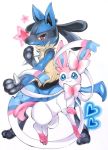  bad_id bad_pixiv_id brown_eyes closed_mouth creature gen_4_pokemon gen_6_pokemon heart lucario marker_(medium) no_humans pokemon pokemon_(creature) ribbon simple_background smile soma_somari spikes star sylveon traditional_media white_background 
