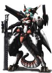  aqua_hair black_gloves breasts covered_navel dragon_girl eyebrows_visible_through_hair full_body gauntlets gloves gun headpiece highres holding holding_gun holding_weapon looking_at_viewer mecha_musume medium_breasts original red_eyes short_hair simple_background solo standing takoyakin weapon white_background 