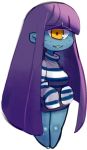  1_eye blue_skin breasts c chi-iz clothed clothing cyclops female freckles front_view full-length_portrait fully_clothed hair humanoid long_hair monster_girl_(genre) noseless not_furry portrait purple_hair shortstack simple_background smile solo sweater white_background yellow_eyes 