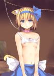  1girl alice_margatroid animal_ears blonde_hair blue_eyes blue_skirt bra bra_lift breasts bruise cat_ears cat_tail collar collarbone culter cum facial female highres injury leash nipples skirt small_breasts solo tail touhou underwear white_bra 