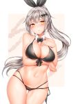 1girl alternate_costume arm_under_breasts bangs bare_arms bare_shoulders bikini black_bikini black_ribbon blush bow bowtie breasts cameltoe closed_mouth contrapposto cowboy_shot curvy detached_collar embarrassed eyebrows eyebrows_visible_through_hair five-seven_(girls_frontline) girls_frontline gluteal_fold groin hair_between_eyes hair_ornament hand_on_own_chest high_ponytail highres hips large_breasts long_hair looking_at_viewer lowleg lowleg_bikini multi-strapped_bikini navel outside_border painteen ponytail ribbon shiny shiny_skin side-tie_bikini sidelocks silver_hair skindentation solo standing stomach swimsuit thighs very_long_hair yellow_eyes 