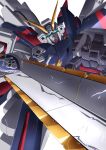  close-up commentary_request crossbone_gundam crossbone_gundam_x-1_full_cloth glowing glowing_eyes green_eyes gundam highres mecha no_humans skull_and_crossbones solo sword tyuuboutyauyo weapon white_background 