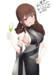  absurdres alcohol black_dress black_ribbon brown_hair cup dress drinking_glass dsr-50_(girls_frontline) girls_frontline hand_on_hip highres long_hair looking_at_viewer open_clothes open_mouth red_eyes ribbon rot_zzi smile wine wine_glass 