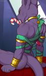  back_muscles bed beerus bell bracelet butt candy candy_cane dbs domestic_cat dragon_ball dragon_ball_super dragon_ball_z felid feline felis food holiday_tape holidays invalid_tag jewelry licking looking_at_viewer looking_back mammal muscular new_year nude pose sitting spiritd tape tongue tongue_out 