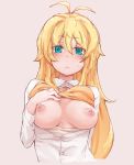  :&lt; ahoge bad_id bad_pixiv_id blonde_hair blush bra bra_lift breasts breasts_outside closed_mouth eyebrows_visible_through_hair hair_between_eyes hand_on_own_chest highres long_hair looking_at_viewer medium_breasts mochi_(mochi444420) nipples open_clothes open_shirt simple_background solo tsurumaki_maki underwear upper_body voiceroid 
