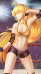  1girl abs ahoge artist_name big_breasts blonde_hair boxing_ring boxing_shorts breasts cleavage crowd elbow_pads fingerless_gloves long_hair looking_to_the_side navel purple_eyes rwby shiny_skin shorts sports_bra stomach sweat tank_top wiping_sweat yang_xiao_long 