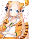  abigail_williams_(fate/grand_order) animal_ears bangs black_bow blonde_hair blue_eyes blush bow commentary_request cosplay dutch_angle eyebrows_visible_through_hair fate/grand_order fate_(series) forehead hair_bow hand_up holding hood hood_down hoodie jaguarman_(fate/grand_order) jaguarman_(fate/grand_order)_(cosplay) kemonomimi_mode long_hair looking_at_viewer midori_(m_ryokutya) orange_bow orange_hoodie parted_bangs parted_lips polka_dot polka_dot_bow puffy_sleeves solo star striped striped_tail tail tiger_ears tiger_girl tiger_tail very_long_hair white_background 