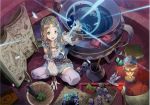  absurdres atelier_(series) atelier_firis book brown_hair cauldron crossed_legs feathers firis_mistlud gem gloves green_eyes hair_ornament highres long_hair official_art potion scan sitting skirt smile solo thighhighs yuugen 