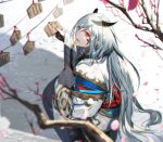  branch commentary_request ema from_behind hair_between_eyes horns japanese_clothes long_hair looking_at_viewer looking_back nexie nijisanji official_art outdoors parted_lips pointy_ears red_eyes red_rope rope sleeves_past_wrists solo squatting umiyasha_no_kami very_long_hair virtual_youtuber white_hair wide_sleeves 
