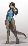  2018 anthro black_nose brown_eyes brown_hair clothed clothing digital_media_(artwork) eyelashes female hair hi_res long_hair mammal mustelid mykegreywolf nat_(mykegreywolf) one-piece_swimsuit otter signature solo swimsuit 