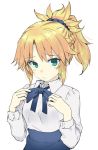  adjusting_clothes artoria_pendragon_(all) blonde_hair blue_ribbon blue_scrunchie blue_skirt braid commentary_request cosplay fate/apocrypha fate/grand_order fate/stay_night fate_(series) french_braid frown gedou_(ge_ge_gedou) green_eyes hair_ornament hair_scrunchie highres long_hair long_sleeves looking_at_viewer mordred_(fate) mordred_(fate)_(all) ponytail ribbon saber saber_(cosplay) scrunchie shirt skirt upper_body white_background white_shirt 