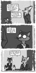  2018 absurd_res anthro canine clothing comic dialogue disney duke_weaselton english_text fox fur greyscale hi_res luraiokun male mammal monochrome mustelid necktie nick_wilde speech_bubble suit text weasel zootopia 