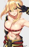 ahoge arm_guards bangs bare_shoulders belt black_gloves blonde_hair blush braid breasts cleavage collarbone commentary_request cosplay fate/grand_order fate_(series) flower_tattoo french_braid gloves gold_trim green_eyes hair_between_eyes hair_bun hair_intakes hand_gesture highres large_breasts long_hair looking_at_viewer navel nero_claudius_(fate) nero_claudius_(fate)_(all) open_mouth revealing_clothes rope sash simple_background smile solo tattoo tony_guisado w white_background yan_qing_(fate/grand_order) yan_qing_(fate/grand_order)_(cosplay) 