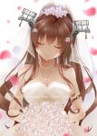  akatsuki_hijiri backlighting bangs bare_shoulders bouquet breasts bridal_veil brown_hair cherry_blossoms cleavage closed_eyes closed_mouth commentary dress flower hair_flower hair_ornament head_down head_tilt headgear holding holding_bouquet jewelry kantai_collection large_breasts long_hair necklace pearl_necklace petals ponytail sidelocks simple_background smile solo strapless strapless_dress upper_body veil very_long_hair wedding_dress white_background white_dress yamato_(kantai_collection) 