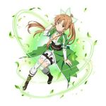  asuna_(sao) boots bracelet braid breasts brown_eyes brown_footwear brown_hair choker cleavage collarbone corset cosplay floating_hair full_body hair_ornament hand_in_hair jewelry knee_boots leaf leafa leafa_(cosplay) long_hair looking_at_viewer medium_breasts official_art ponytail senritsu_reishiki shorts sidelocks simple_background smile solo sword_art_online sword_art_online:_code_register very_long_hair white_background white_legwear white_shorts 