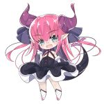  asymmetrical_horns bangs black_dress black_ribbon blue_eyes blush boots breasts cer_(cerber) chibi closed_mouth curled_horns detached_sleeves dragon_girl dragon_horns dragon_tail dress elizabeth_bathory_(fate) elizabeth_bathory_(fate)_(all) eyebrows_visible_through_hair fate/extra fate/extra_ccc fate_(series) full_body hair_between_eyes hair_ribbon hand_up horns knee_boots long_hair long_sleeves lowres pink_hair pointy_ears ribbon simple_background small_breasts smile solo standing tail tail_raised very_long_hair white_background white_footwear 